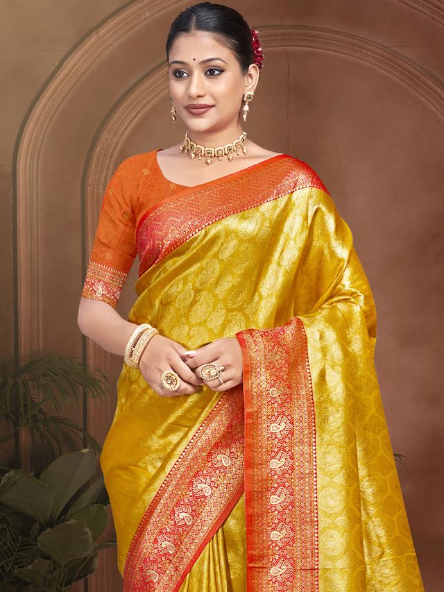 Yellow Color Kanjivaram Silk Fabric Woven Designer Graceful Partywear Saree