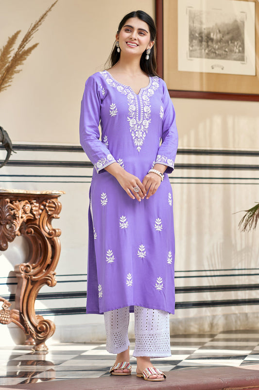 Women's Gorgeous Chikankari work Pure Rayon Fabric Straight Kurta, Pant Set