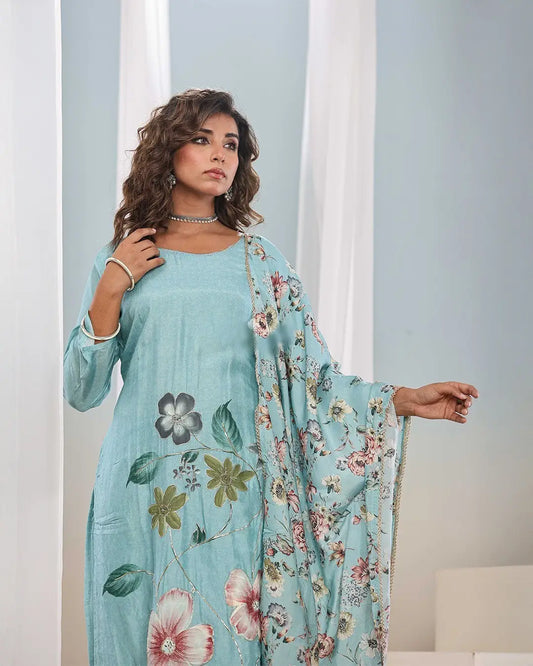 Women's Beautiful Franch Crab Fabric Printed Work Straight Kurta Pant and Dupatta Set