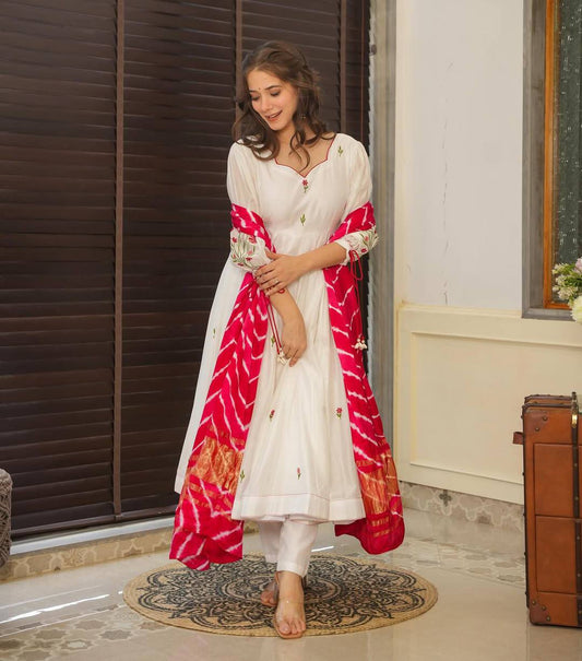 Women's Beautiful Chanderi Fabric Thread work Flared Anarkali with Pant And Dupatta Set