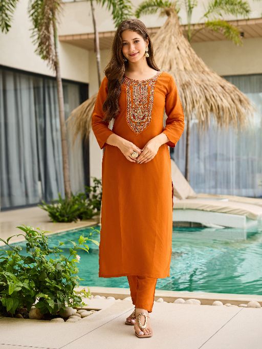 Women's Gorgeous Embroidery work Rayon Fabric Straight Kurta, Pant and Dupatta Set