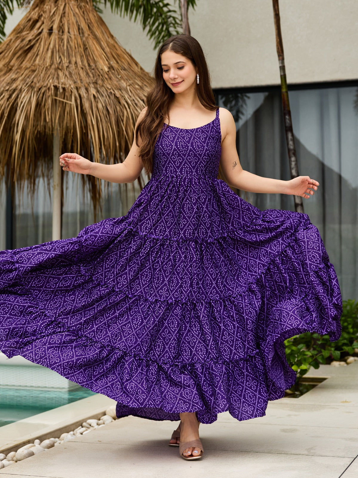 Women Gorgeous Ikat Printed and Silk Blend Fabric with Flared Gown Dress