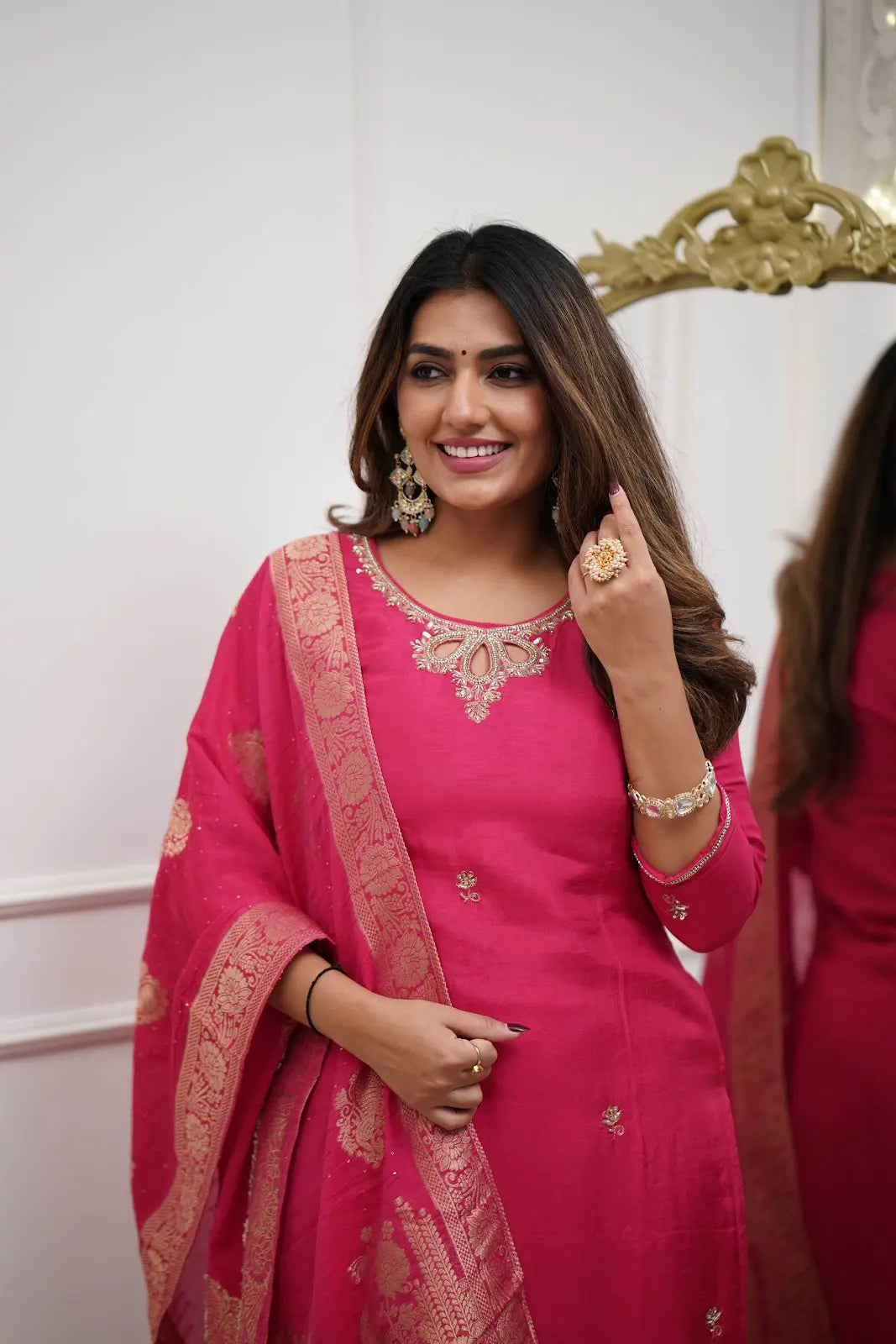 Women's Gorgeous Embroidery Viscose Chanderi Fabric Straight Kurta Pant with Dupatta Set Gaajri