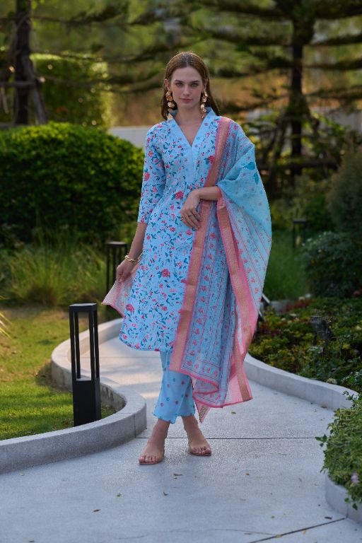 Women's Gorgeous Cotton Printed Straight Kurta with Pant And Dupatta Set