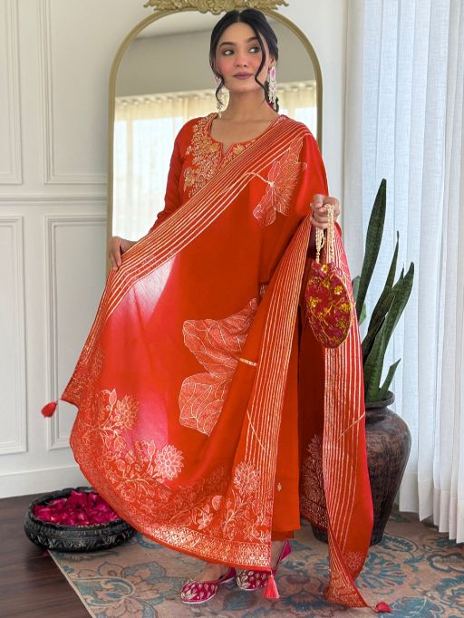 Women Gorgeous Roman Silk Fabric Straight Kurta, Pant and Dupatta Set M