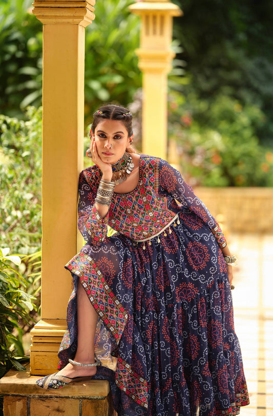 Women Gorgeous Bandhani Printed Faux Georgette Fabric with Flared Gown