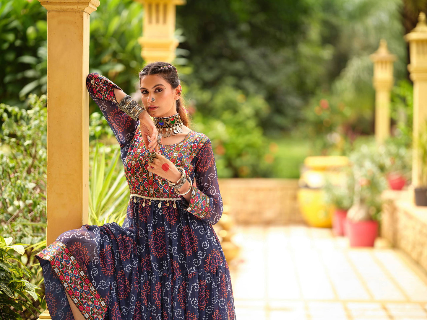 Women Gorgeous Bandhani Printed Faux Georgette Fabric with Flared Gown