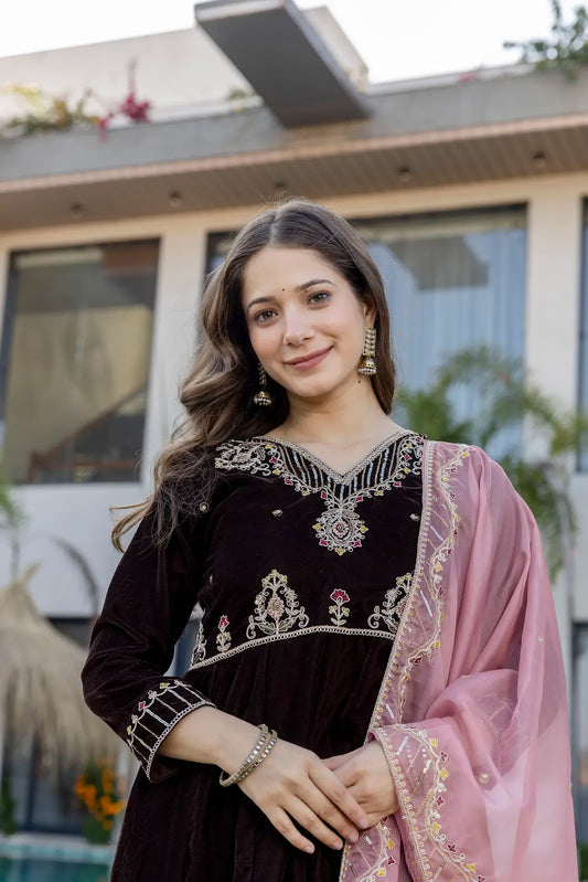 Women's Beautiful Velvet Fabric Embroidery Work Flared Anarkali Pant and Dupatta Set