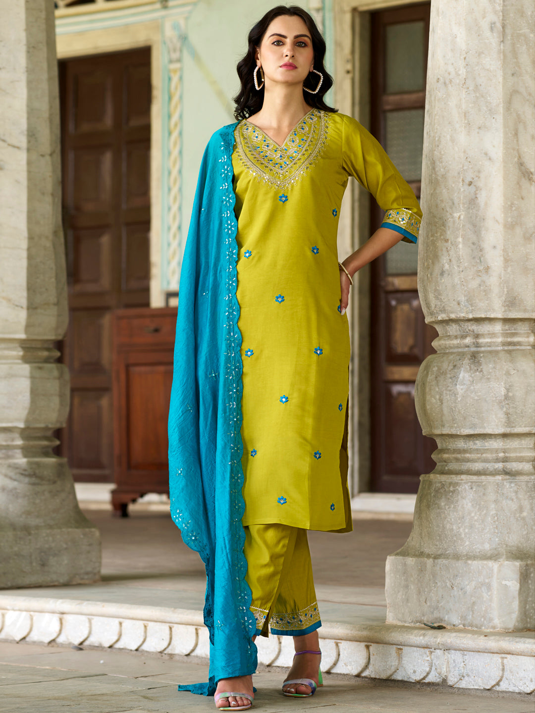 Beautiful Embroidery Viscose Chanderi Fabric Straight Kurta Pant with Dupatta Set