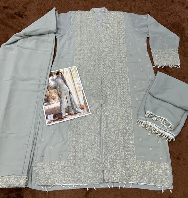 Grey pure geogette full stitched suit Free Size upto 42