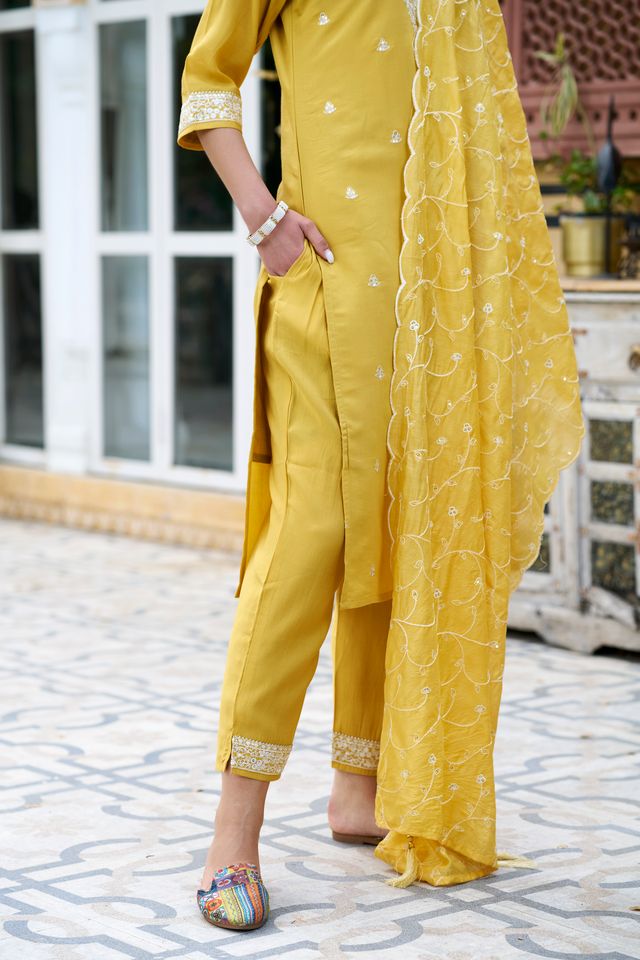 Yellow Color Silk Blend Fabric Smart Embroidered Girlie Trendy Salwar Suit
