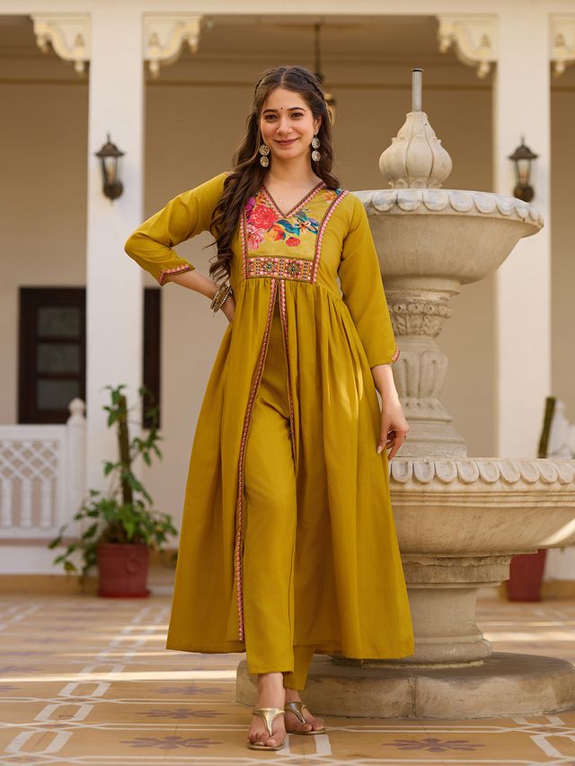 Mustard Color Silk Fabric Ceremonial Readymade Kurta Set with Dupatta