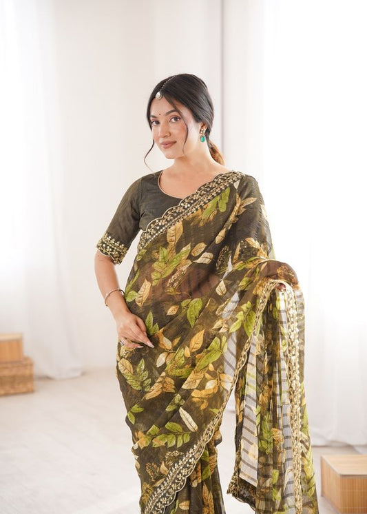 Mahendi Color Marble Patta Fabric Stylish Festive Special Saree