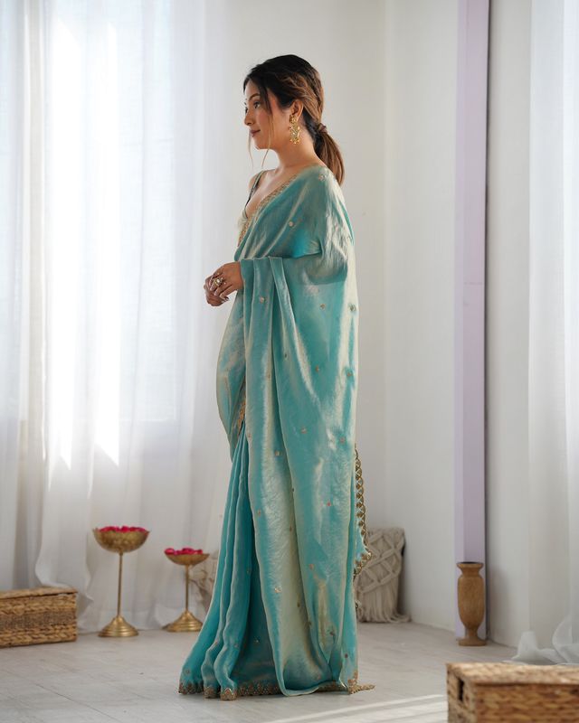Sky Blue Color Beautiful Fancy Partywear Fendy Satin Saree