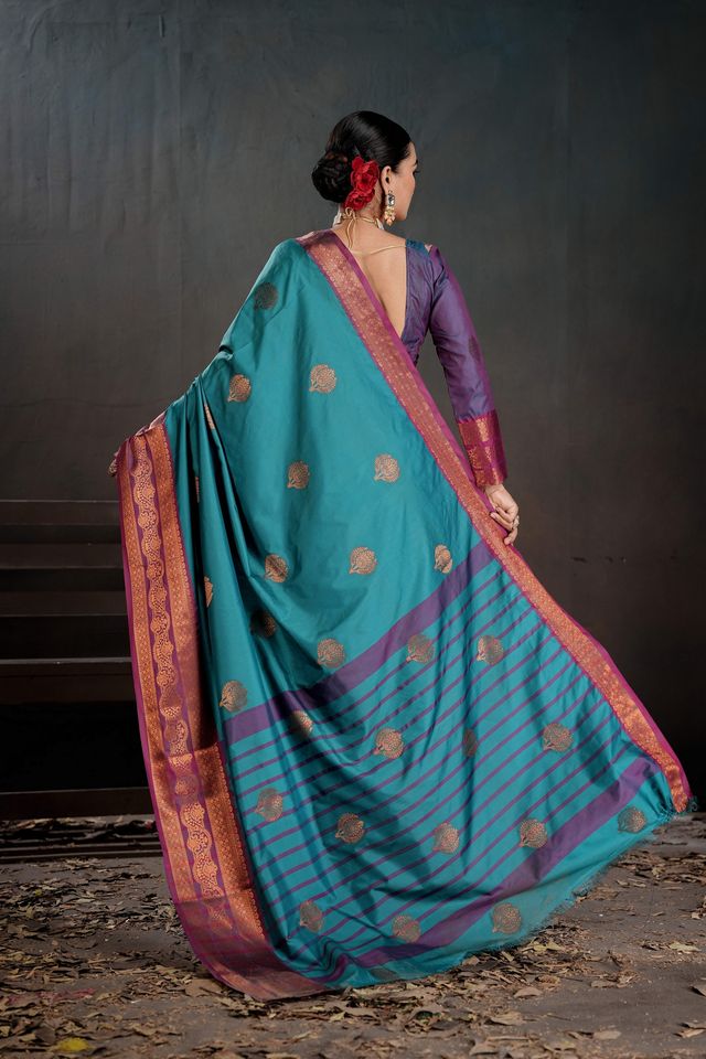 Teal Color Beautiful Woven Jacquard Designer Art silk Saree