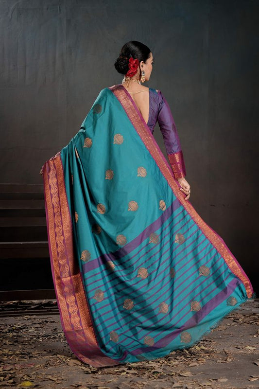 Teal Color Beautiful Woven Jacquard Designer Art silk Saree