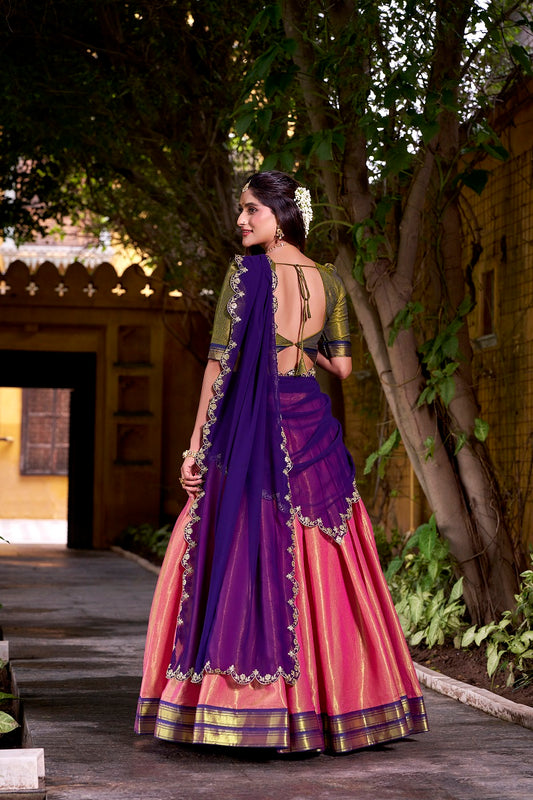 Coral South-style Kanchipuram silk lehenga With Unstitched Blouse & Dupatta