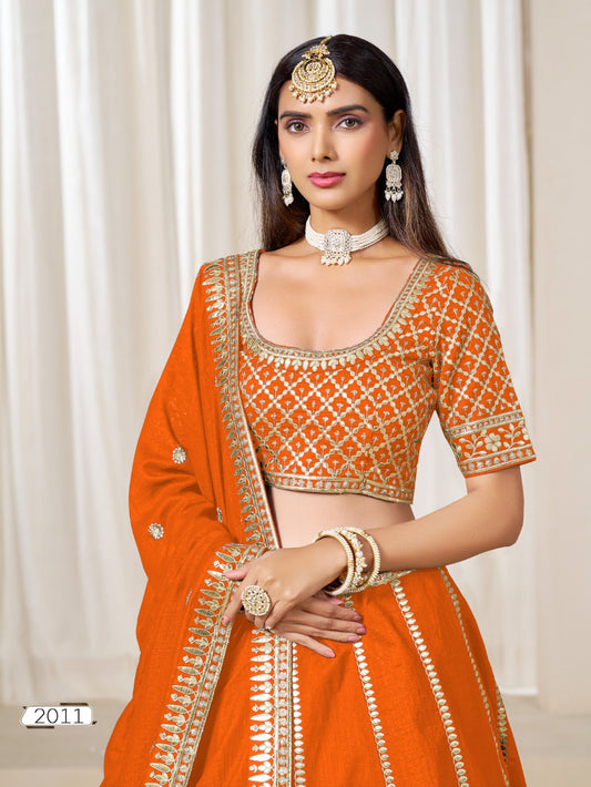 Orange embriodered art silk designer semi stitched Lehenga choli