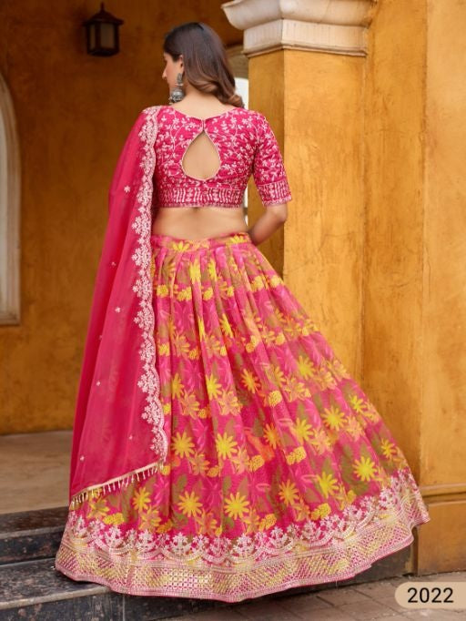 Magenta art silk semi stitched lehenga choli with taby silk print