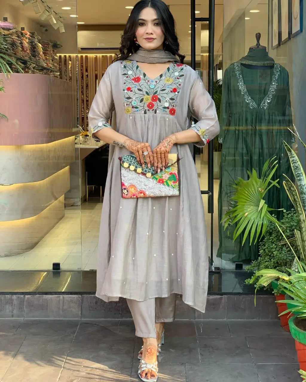 Women's Gorgeous Chinon Viscose Fabric Embroidery Work Straight Kurta Pant and Dupatta Set