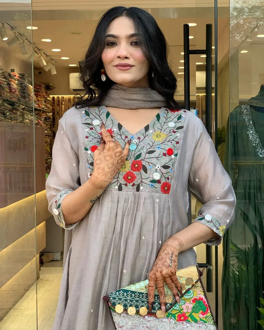 Women's Gorgeous Chinon Viscose Fabric Embroidery Work Straight Kurta Pant and Dupatta Set