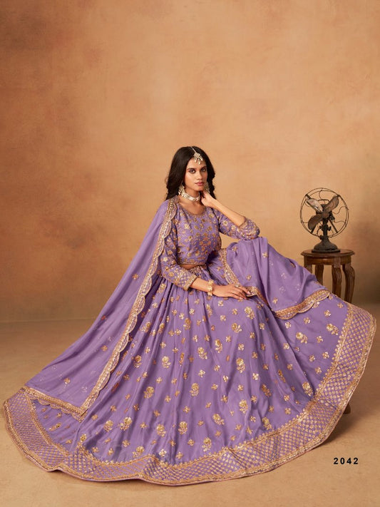 Lavender Organza Semi Stitched Lehenga Choli with Heavy Embroidery Work