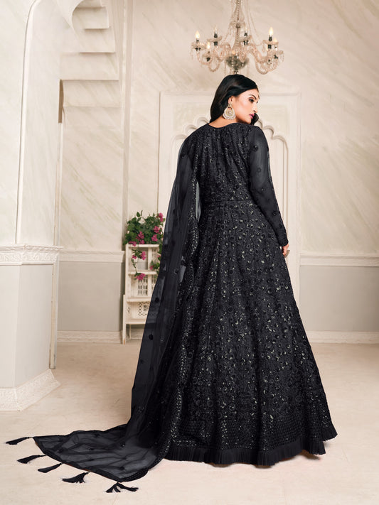 Black Embroidered Net Semi Stitched Anarkali Suit