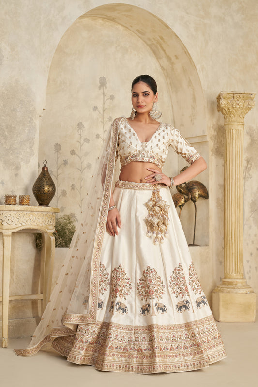 White Lehenga with Intricate Elephant Zari Work