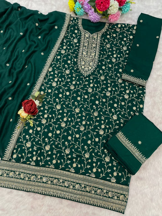 Peacock Green Silk Semi stitched Wedding Suits