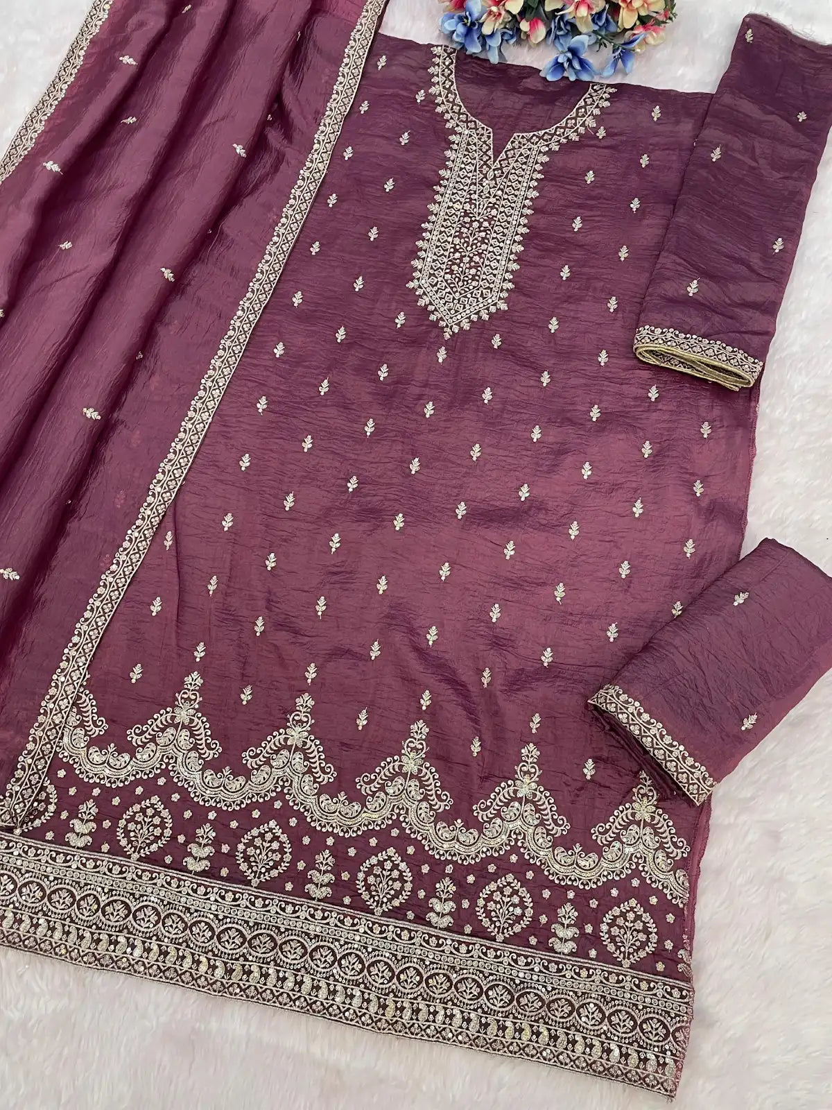 Purple Gold Crush Semi Stitched Suit with Embroidery & Sequence Work