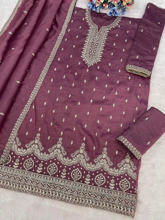 Purple Gold Crush Semi Stitched Suit with Embroidery & Sequence Work