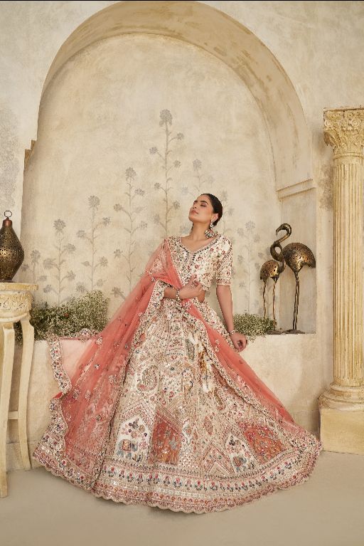 Intricately Embroidered Cream Zari Lehenga with Royal Motifs