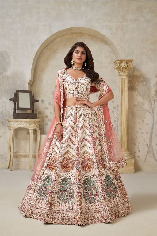 Designer Lehenga with Paisley Motifs & White Dori Work