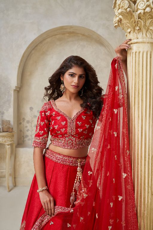 Red Wedding Raw silk Lehenga with Leaf Embroidery