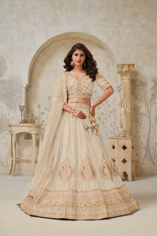 Elegant Beige Ivory color Wedding Lehenga with Leaf Embroidery