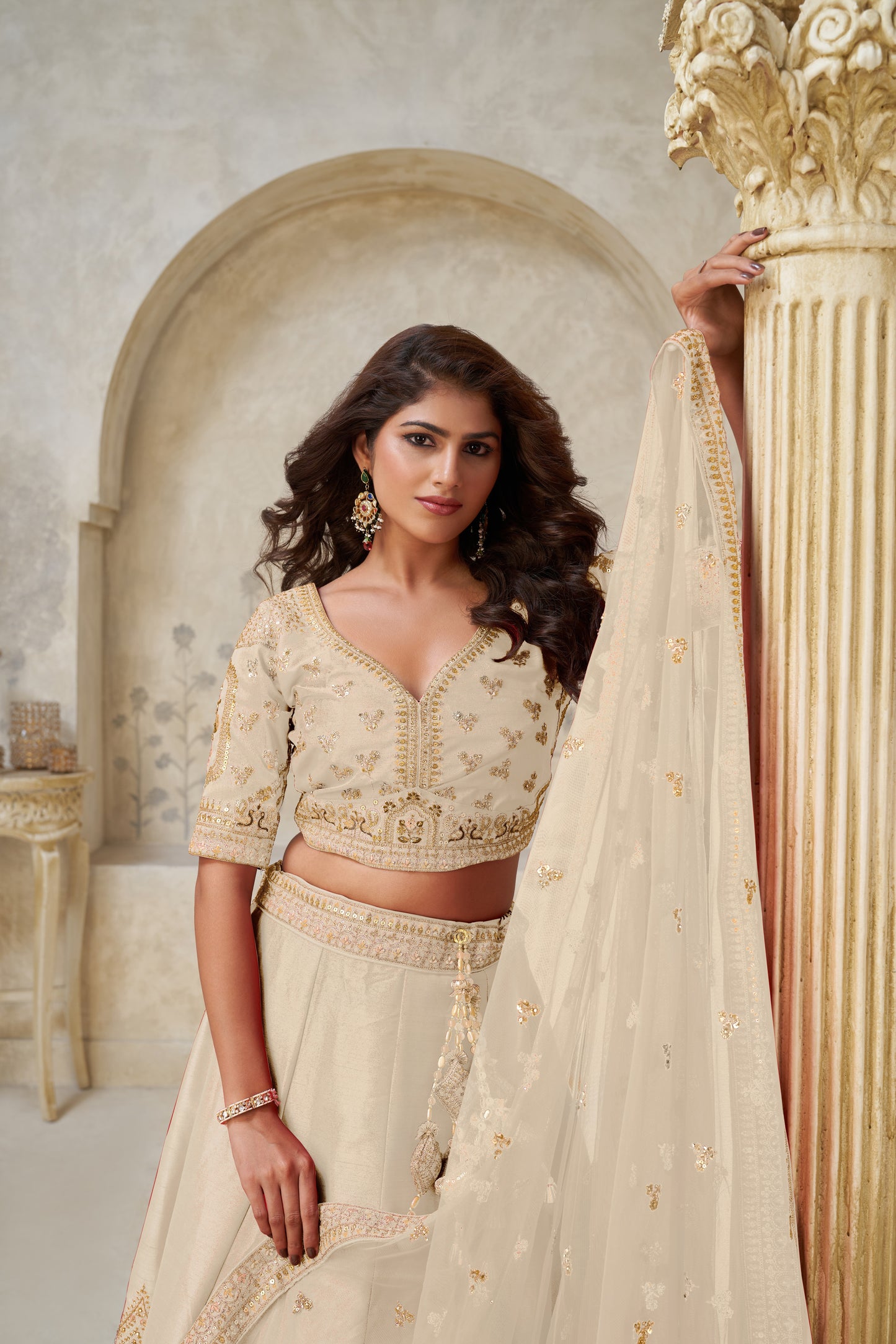 Elegant Beige Ivory color Wedding Lehenga with Leaf Embroidery
