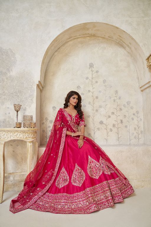 Pink Wedding Lehenga with Leaf Embroidery