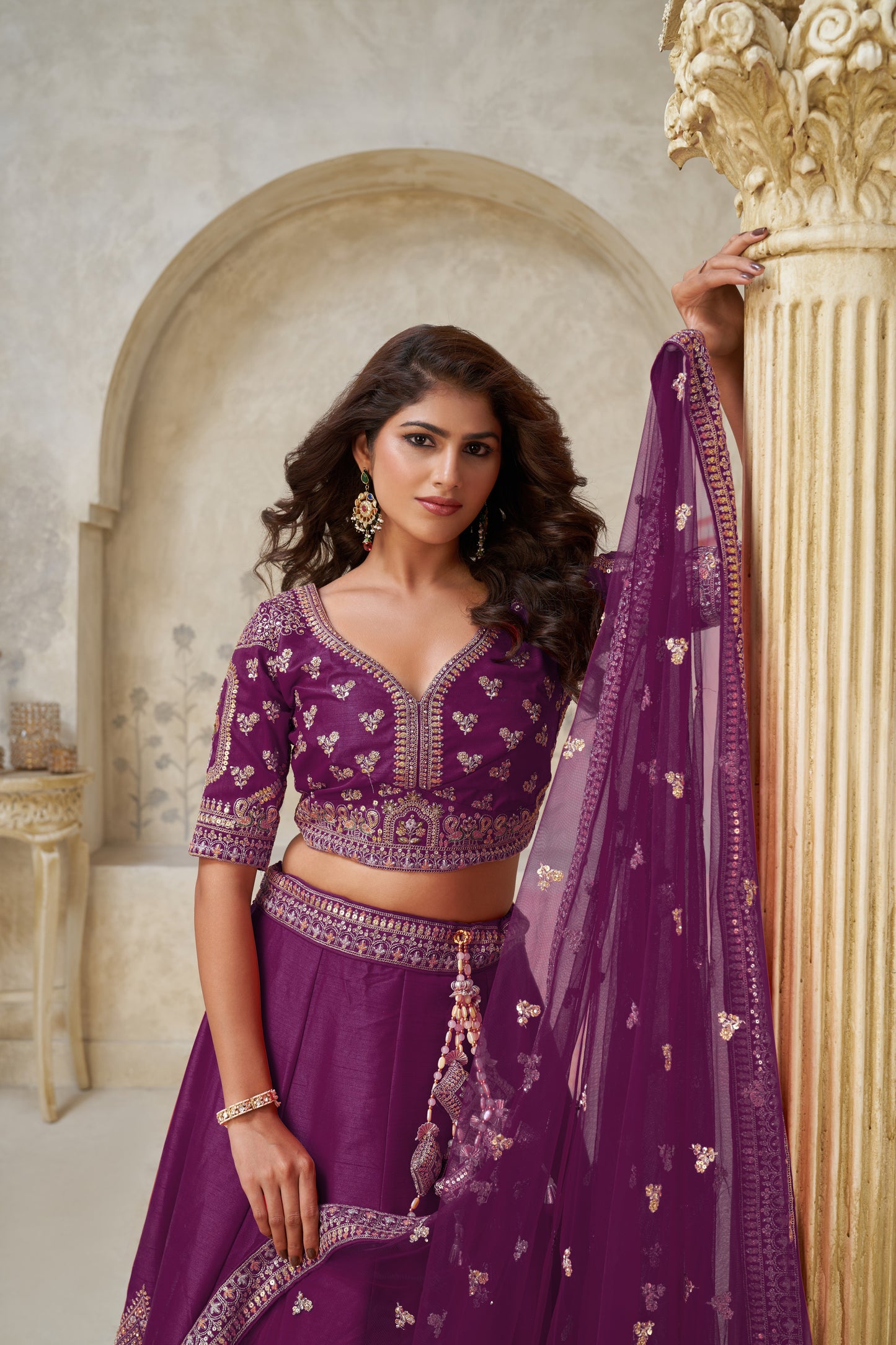 Wine Wedding Lehenga with Leaf Embroidery