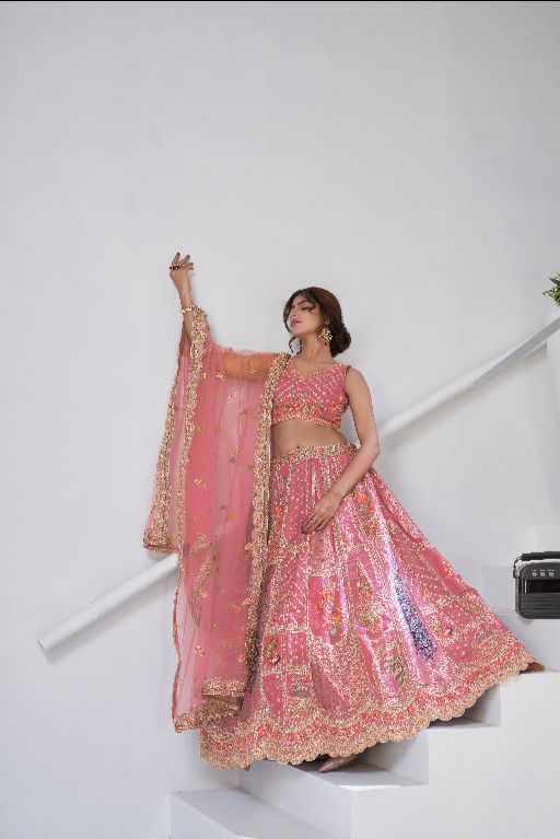 Designer Pink Raw Silk Lehenga with Peacock Feather Work