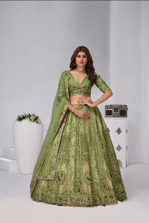 Grace in Green – Raw Silk Mehndi Lehenga for Festive Celebrations