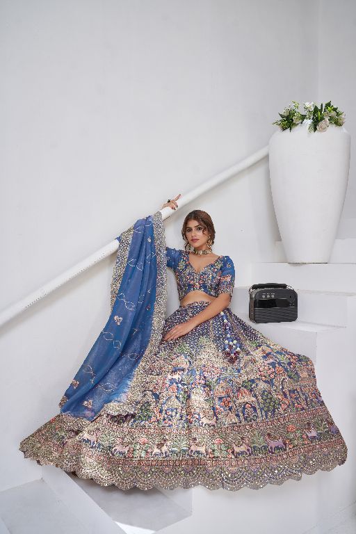 Divine Elegance in Purple – Bridal Lehenga with Temple & Cow Motifs