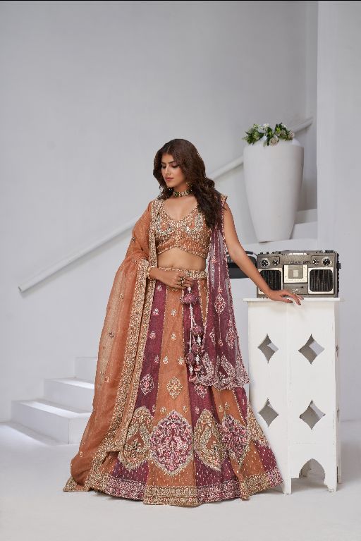Two Shades of Elegance – Rust & Dark Rust Double Dupatta Lehenga