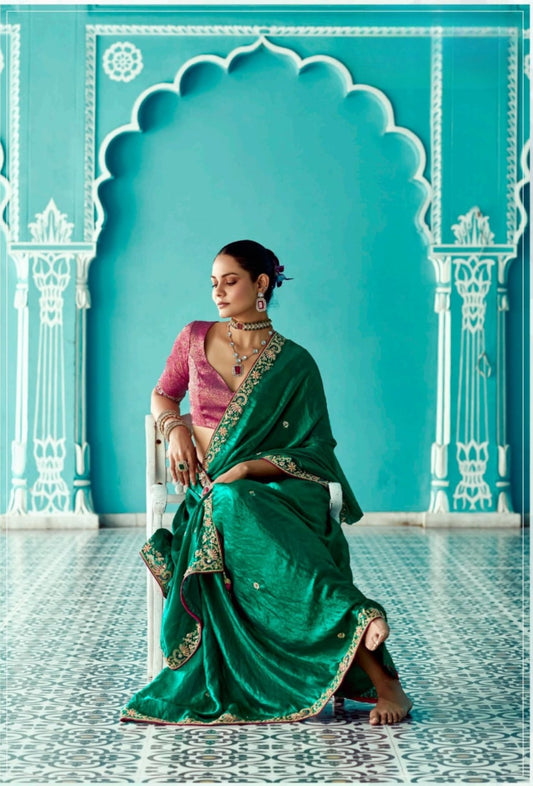 Dark Green embroidery work saree with jacquard work blouse piece