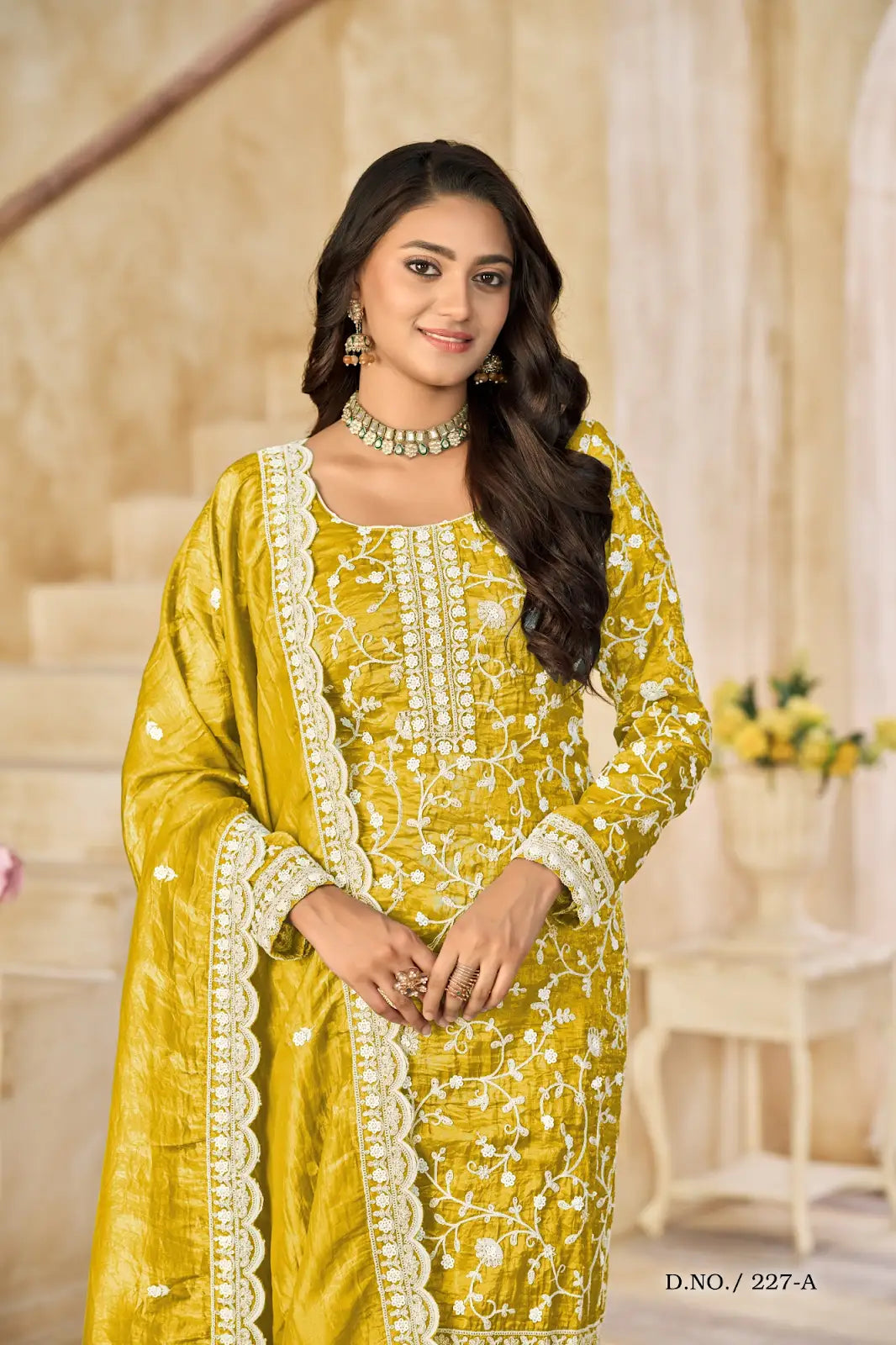 Yellow Organza Crush Semi Stitched Suit with Embroidery Work