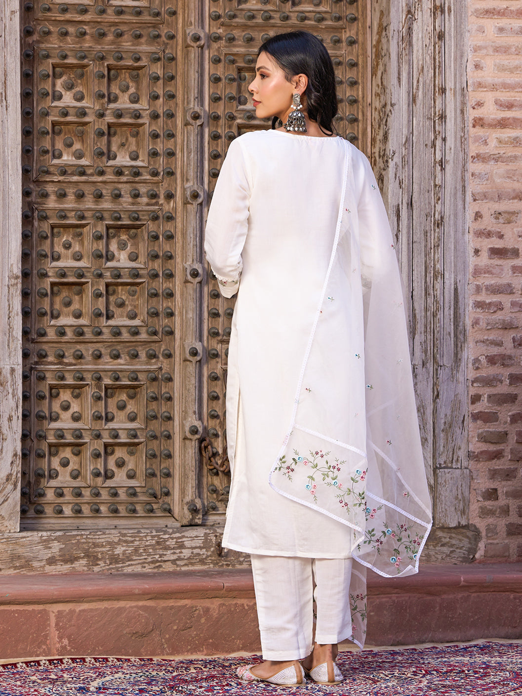 Chanderi fabric embroidered Kurta with silk Lining , Pant and Dupatta set
