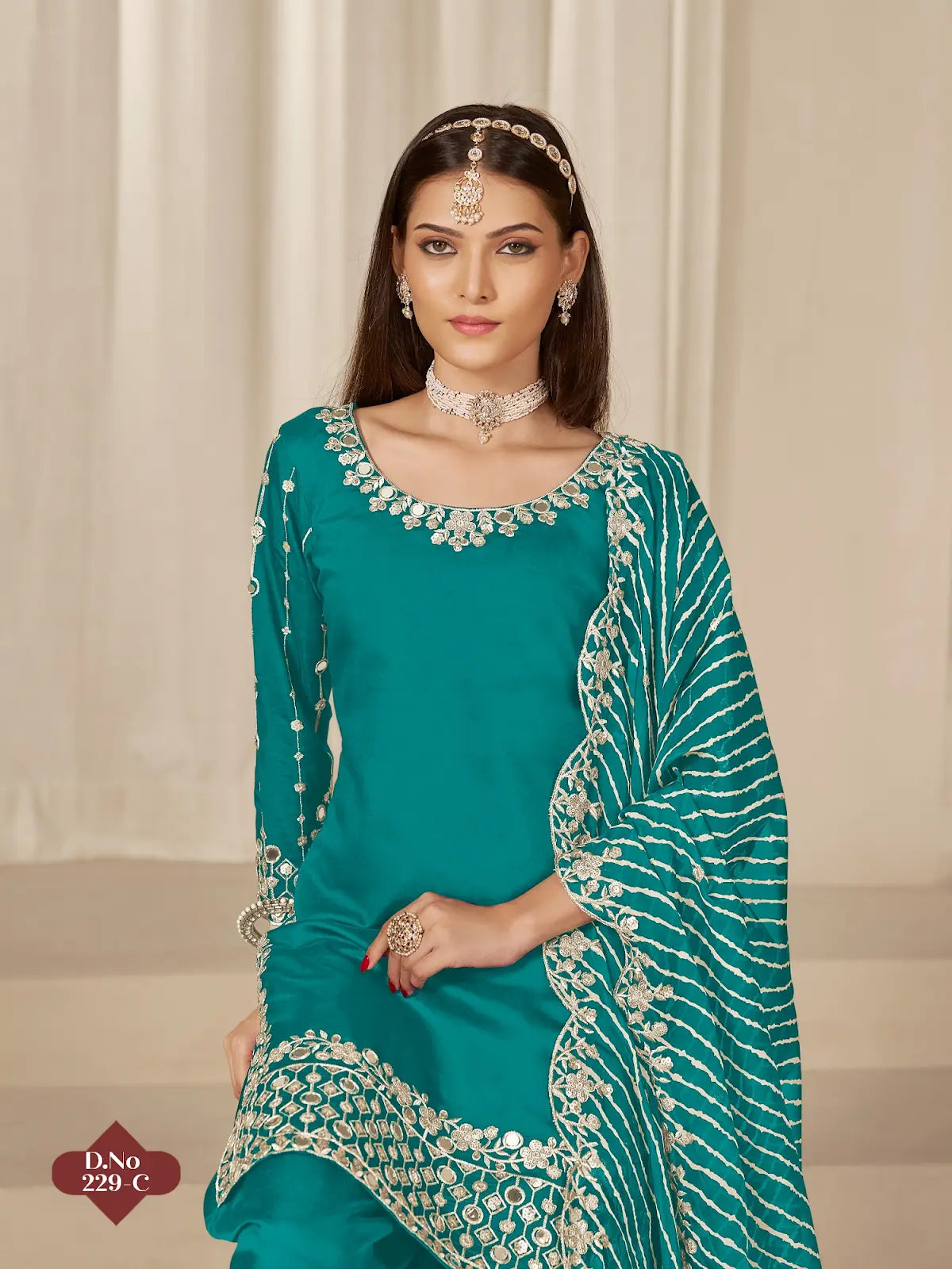Turquoise Roman Silk Semi Stitched Suit with Embroidery & Real Mirror Work