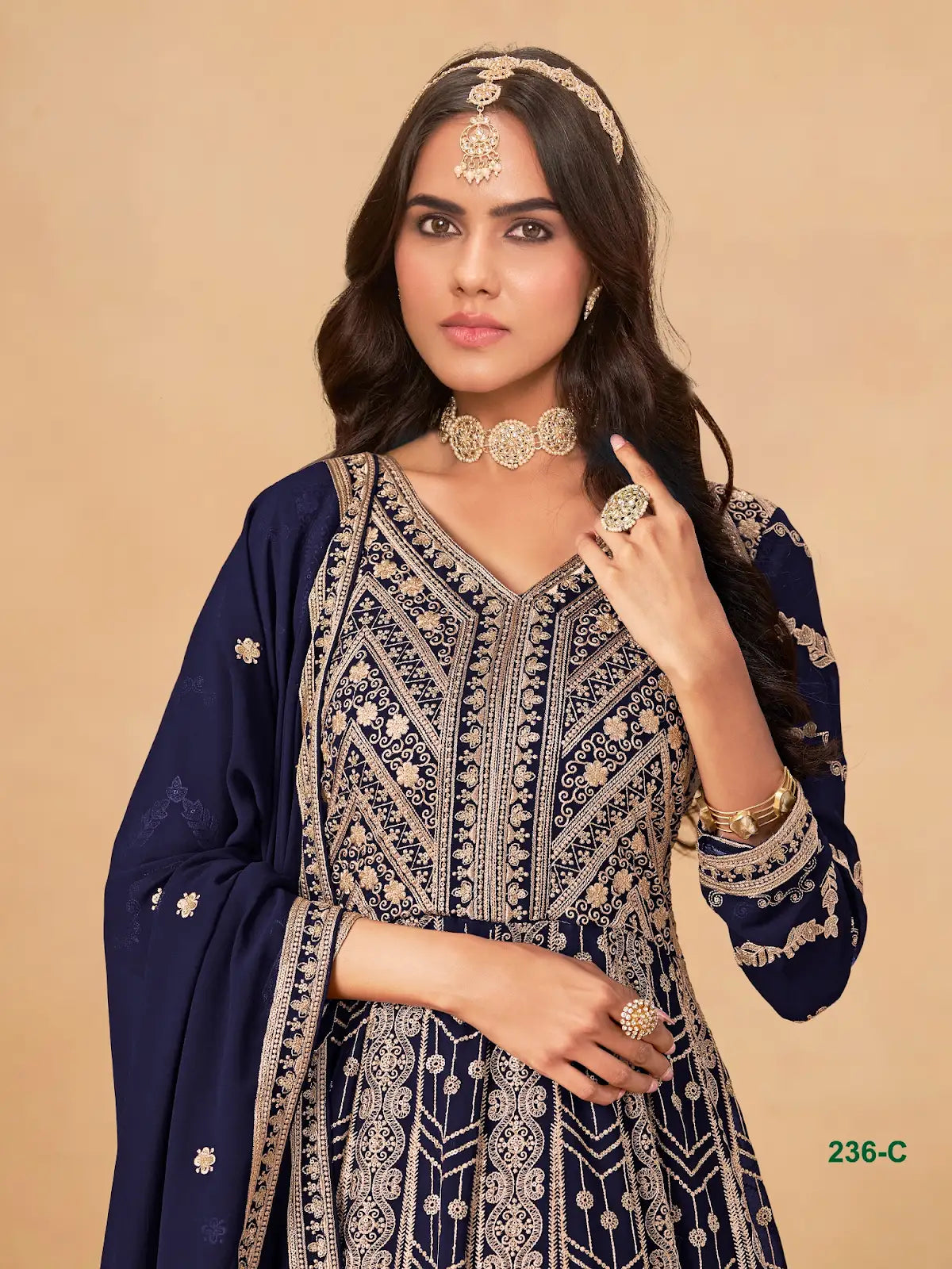Navy Blue Faux Georgette Semi Stitched Anarkali Suit with Heavy Embroidery Work