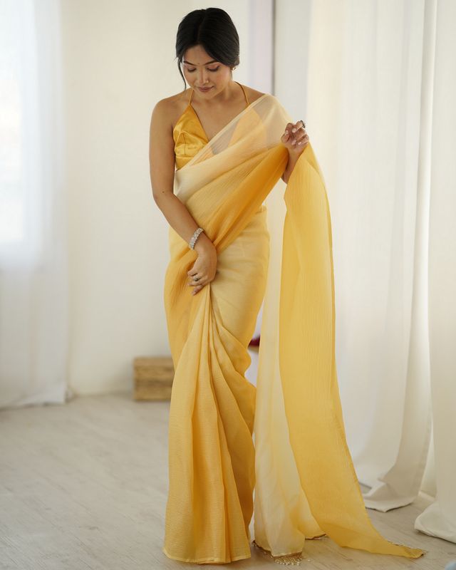 Designer Yellow Color Candy Crush Silk Fabric Stylish Pre Stitched Saree