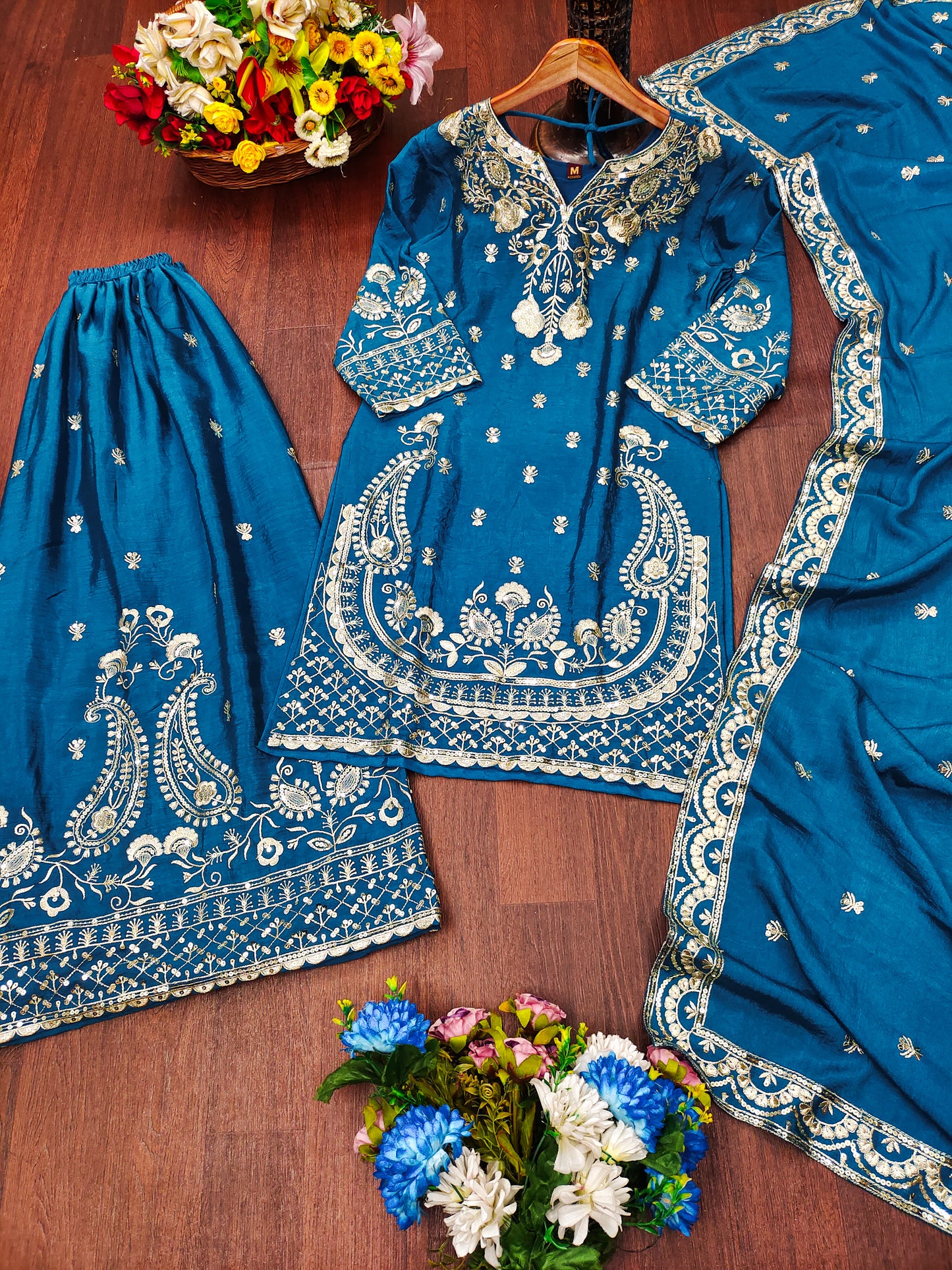 Women's Chinon fabric Embroidery work Kurta with Sharara and Dupatta set 73