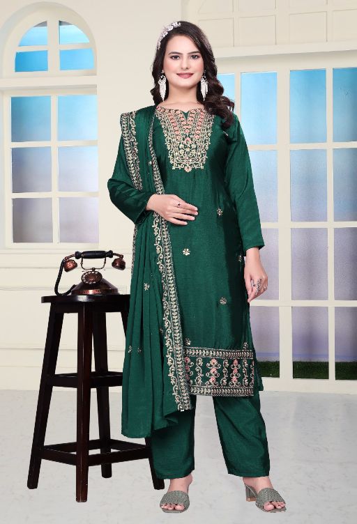 Women's Chinon fabric Embroidery work Kurta with Pant and Dupatta set